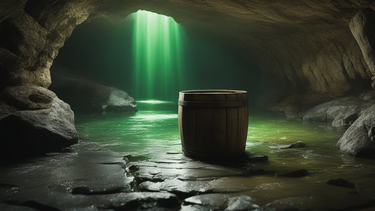 Wooden Barrel in a Mystical Cave with Green Light