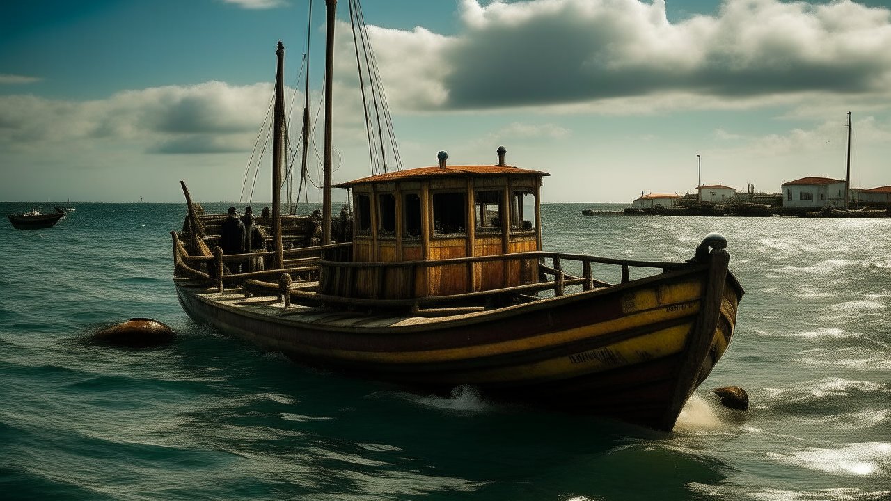 Wooden Boat Sailing Near Coastal Village