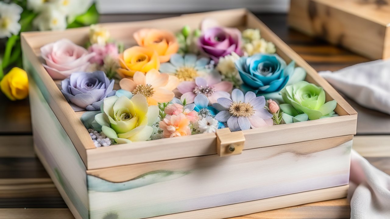 Wooden Box Filled with Colorful Pastel Flowers