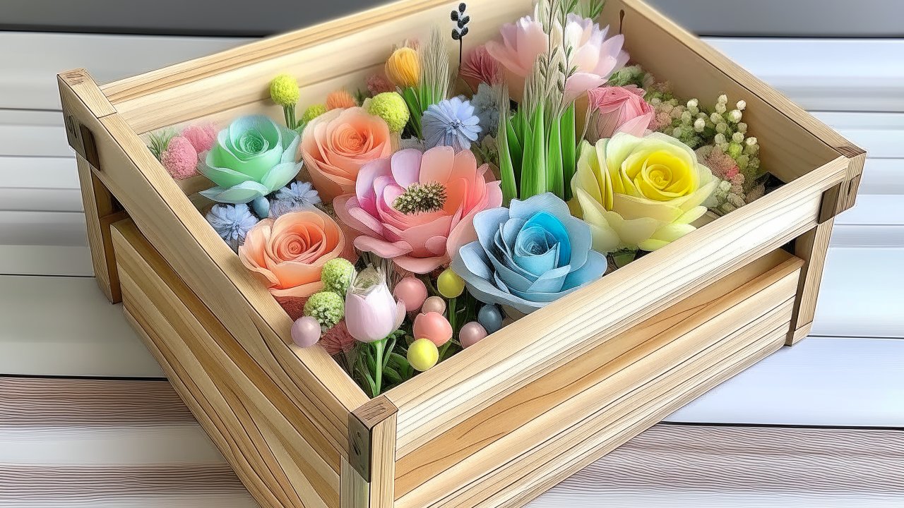 Wooden Crate Filled with Colorful Pastel Flowers