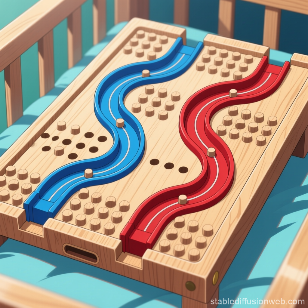 Wooden Cribbage Board with Blue and Red Tracks