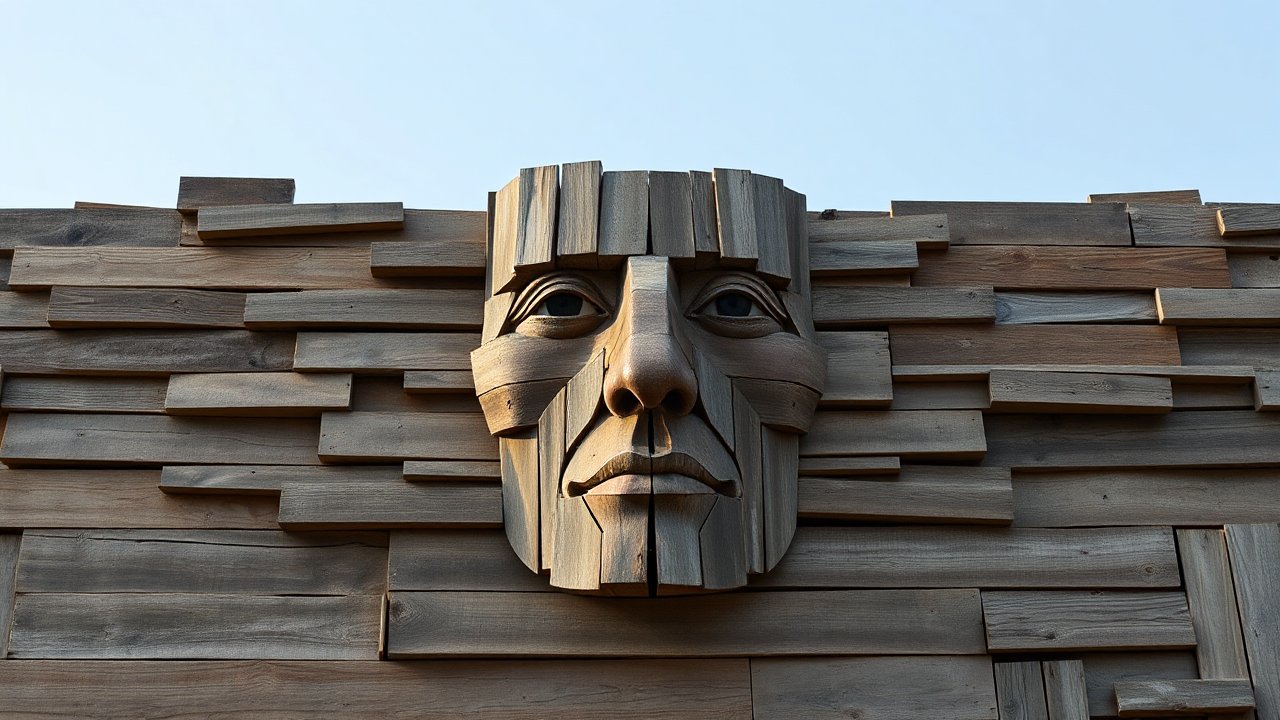 Wooden Face Sculpture on Plank Wall