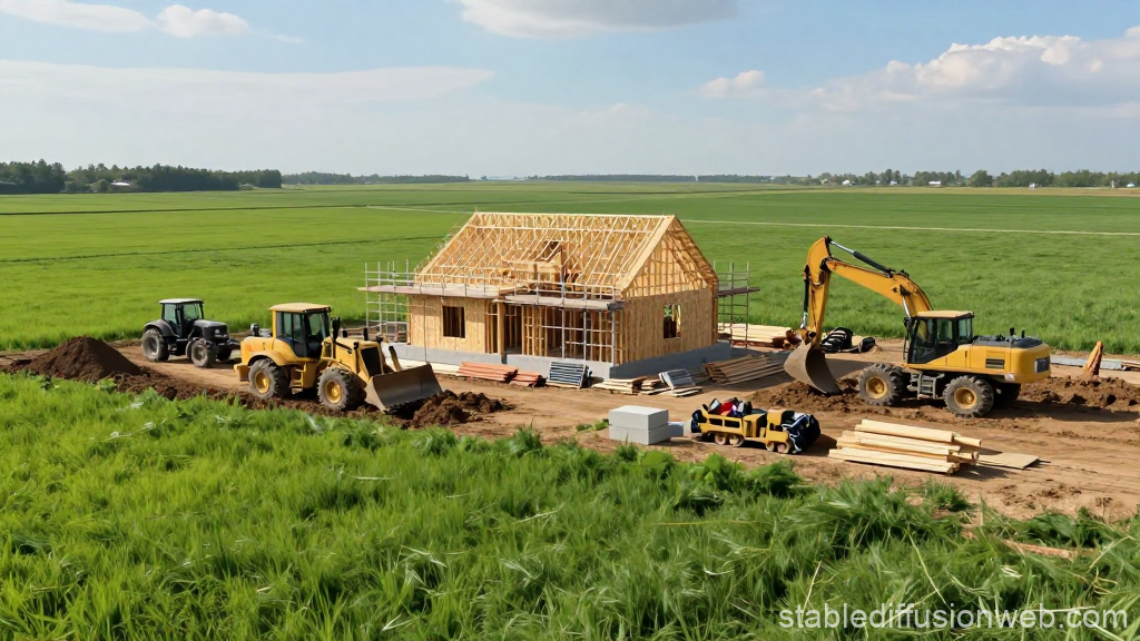 Wooden House Construction Site with Heavy Machinery in Green Field