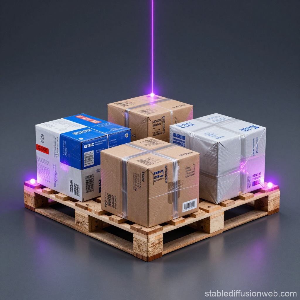 Wooden Pallet with Cardboard Boxes and Purple Laser Lights