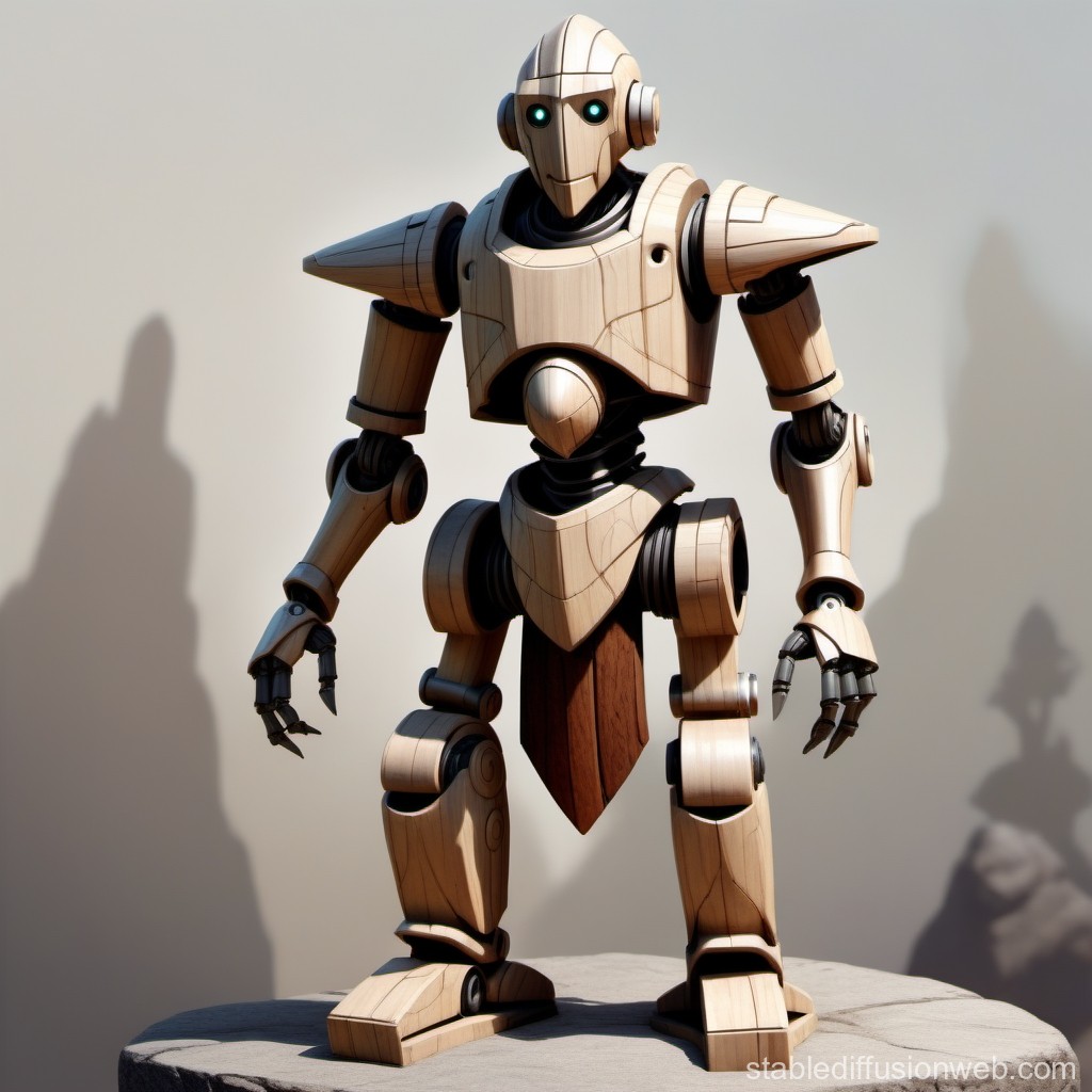 Wooden Robot with Blue Eyes Standing on Stone Pedestal