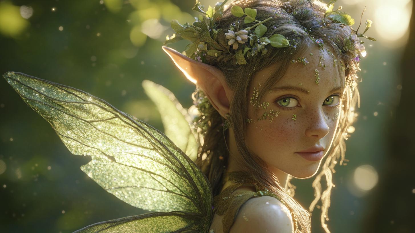 Woodland Pixie with Glowing Wings in Enchanted Forest