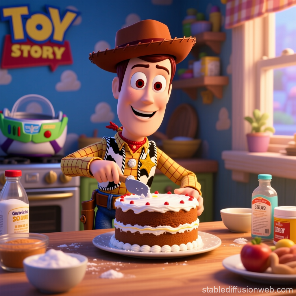 Woody from Toy Story Baking a Cake in a Cozy Kitchen