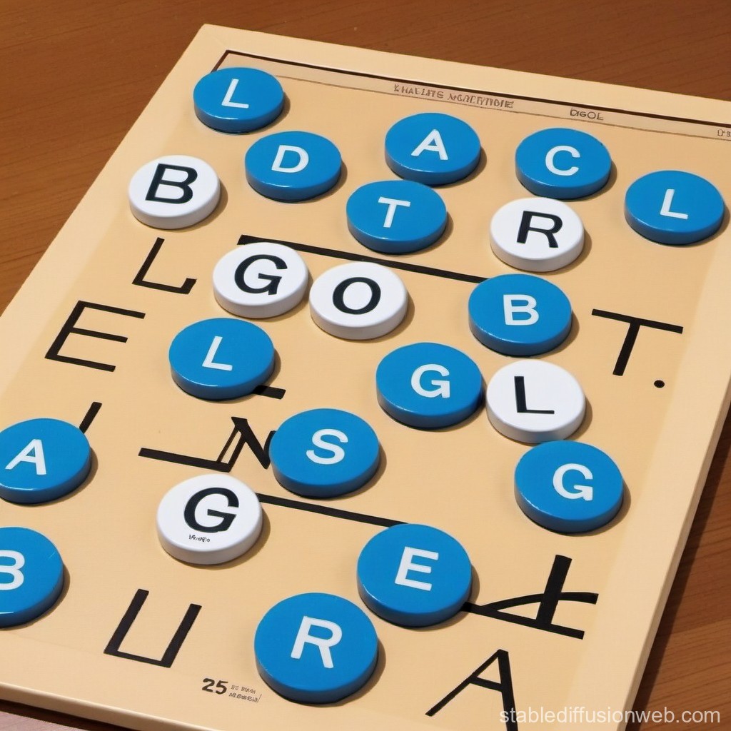 Word Puzzle Game with Blue and White Letter Tokens