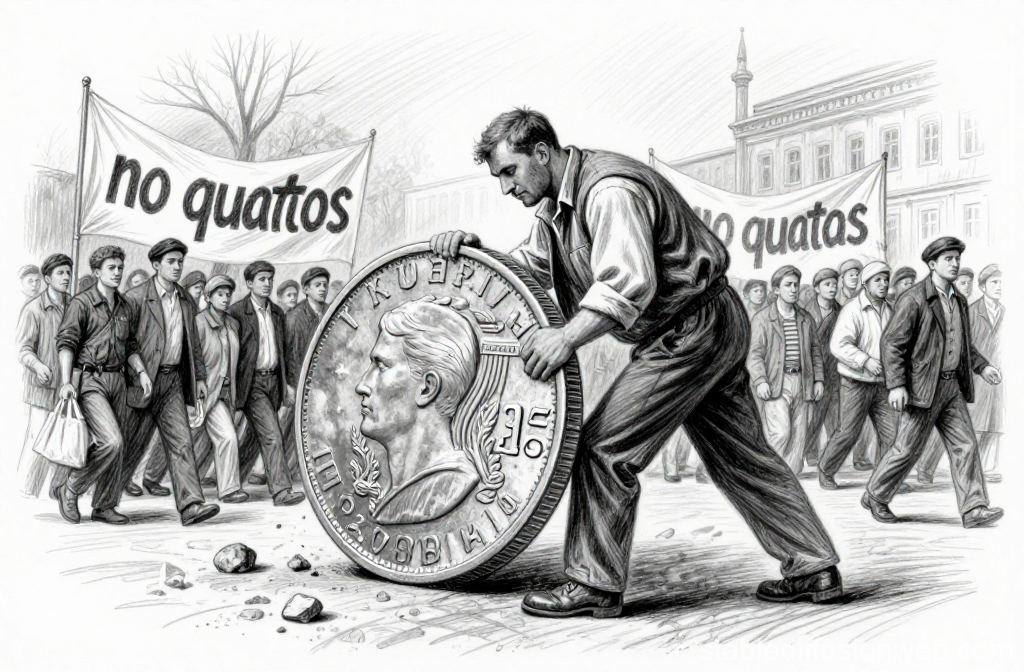 Worker Struggling with Giant Coin Amid Protest