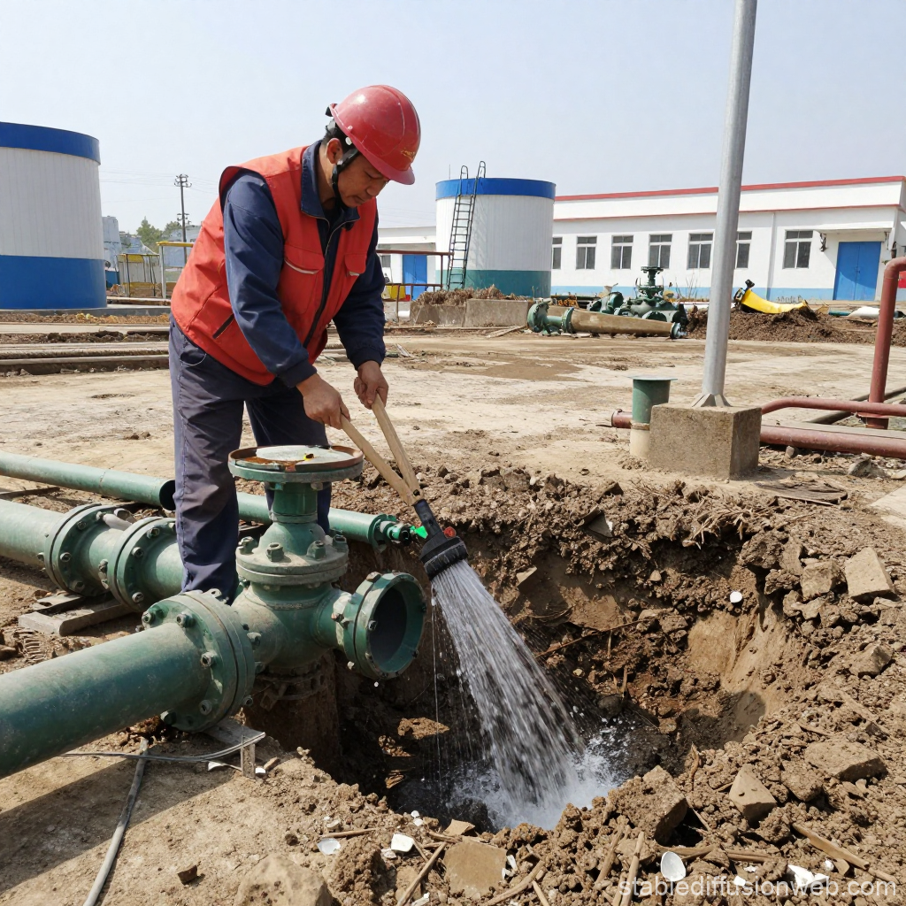 Worker Testing Water Flow at Oil Discovery Site