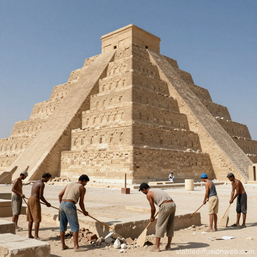 Workers Demolishing an Ancient Ziggurat Under Clear Sky