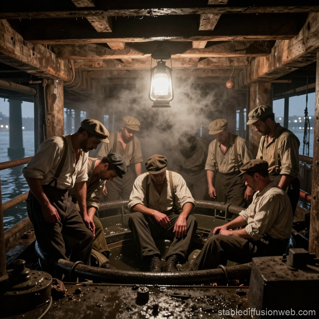 Workers Experiencing the Bends in a Dimly Lit Industrial Setting