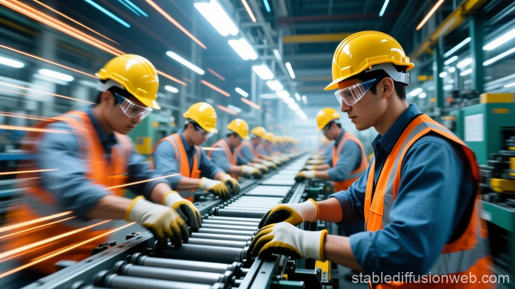 Workers on a Busy Factory Assembly Line
