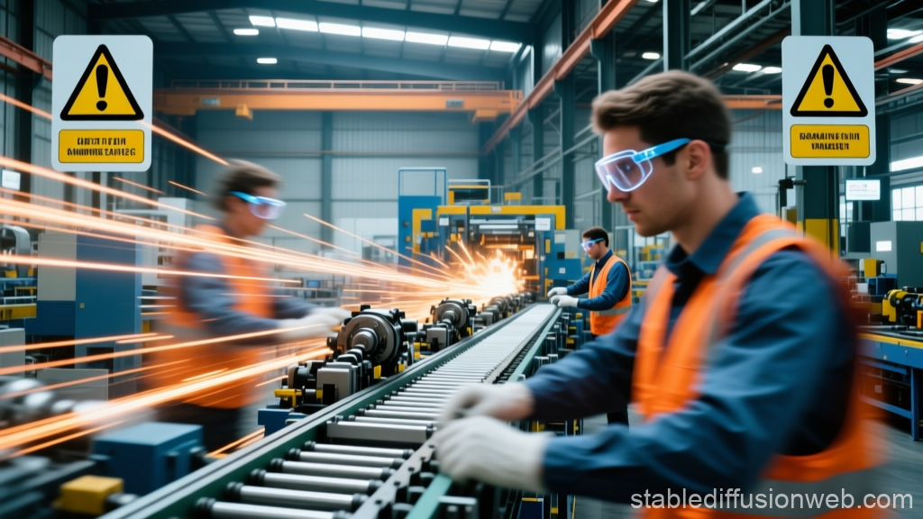 Workers on a Busy Warehouse Assembly Line with Safety Gear