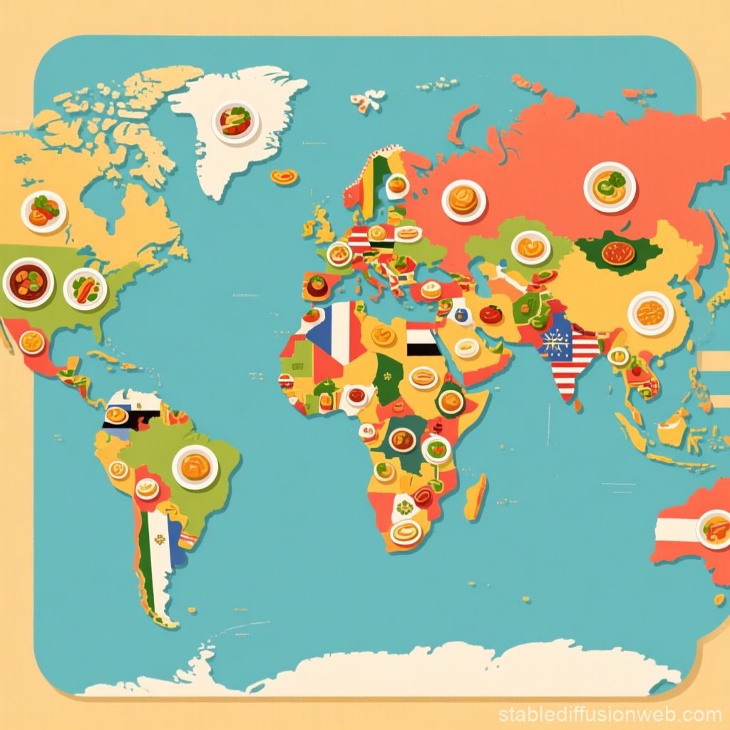 World Map Illustrated with Iconic Foods from Each Country