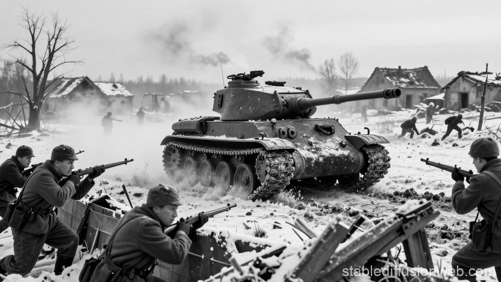 World War II Battle Scene with Tiger I Tank in Winter