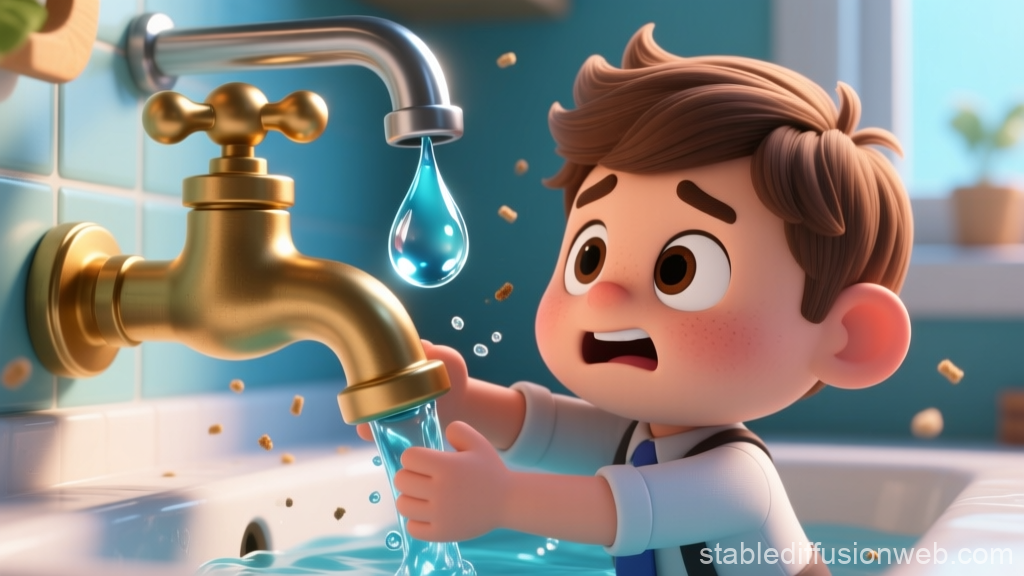 Worried Boy Trying to Catch Water from a Leaky Faucet