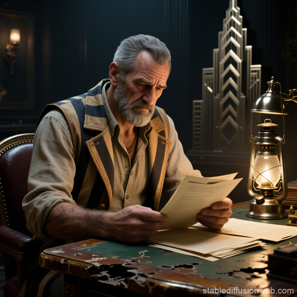 Worried Elderly Man Reading Documents by Lantern Light