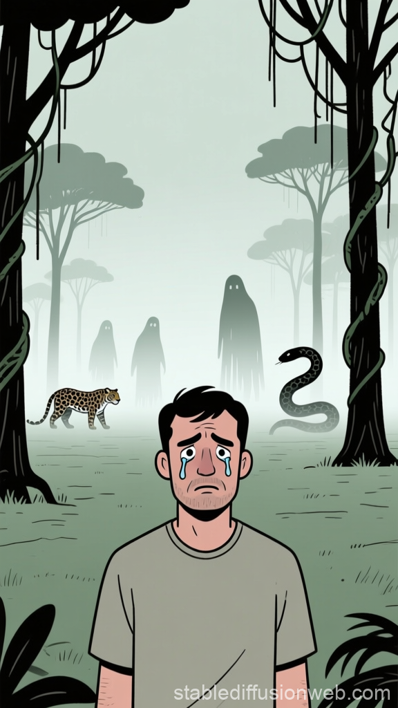 Worried Man in a Mysterious Amazonian Forest