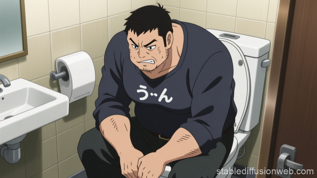 Worried Man Sitting on Toilet in Anime Style