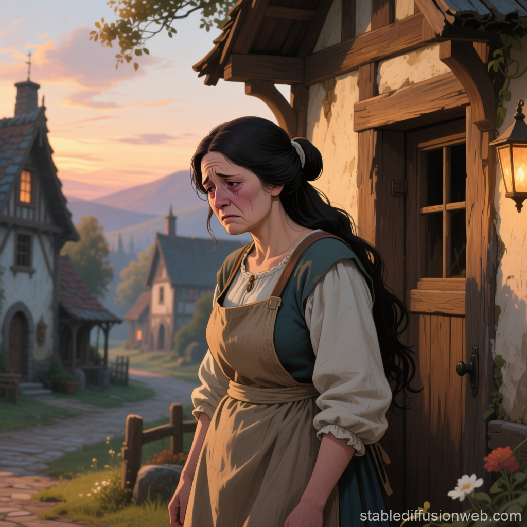 Worried Medieval Mother Standing Outside Cottage at Sunset
