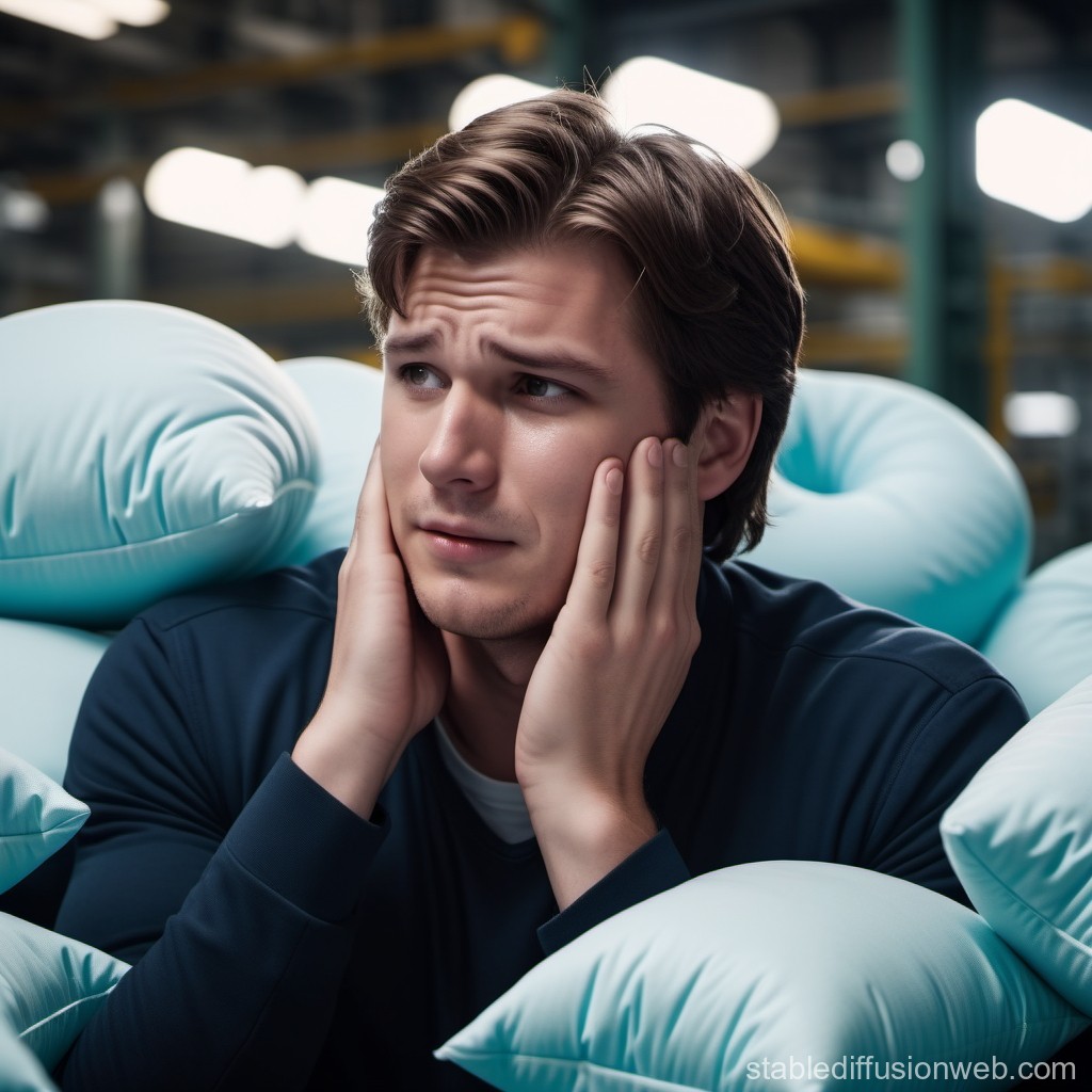 Worried Young Man Surrounded by Soft Blue Pillows