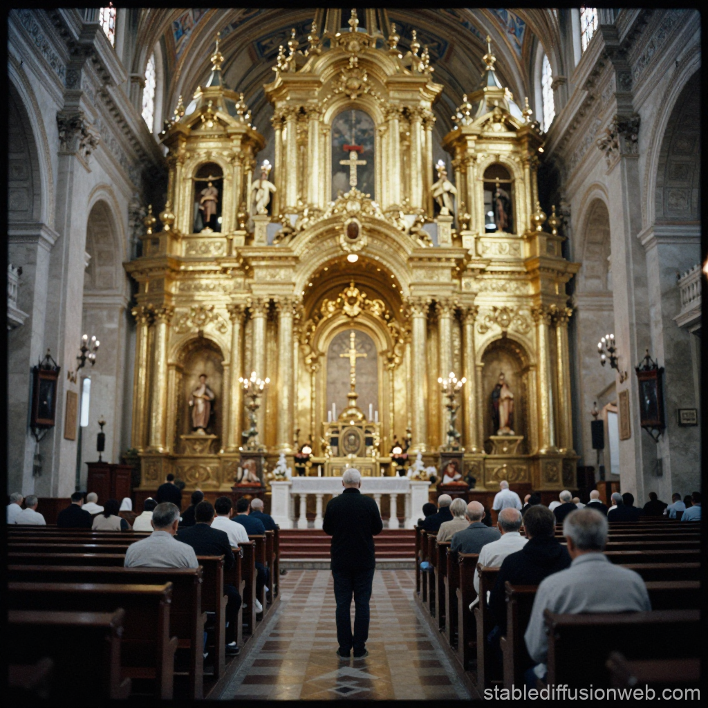 Worshippers in a Glittering Golden Church Interior