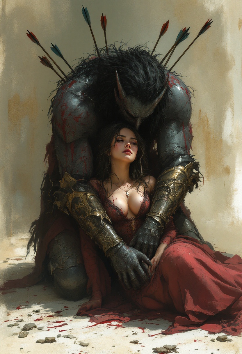 Wounded Demon Embracing a Woman in Red Dress