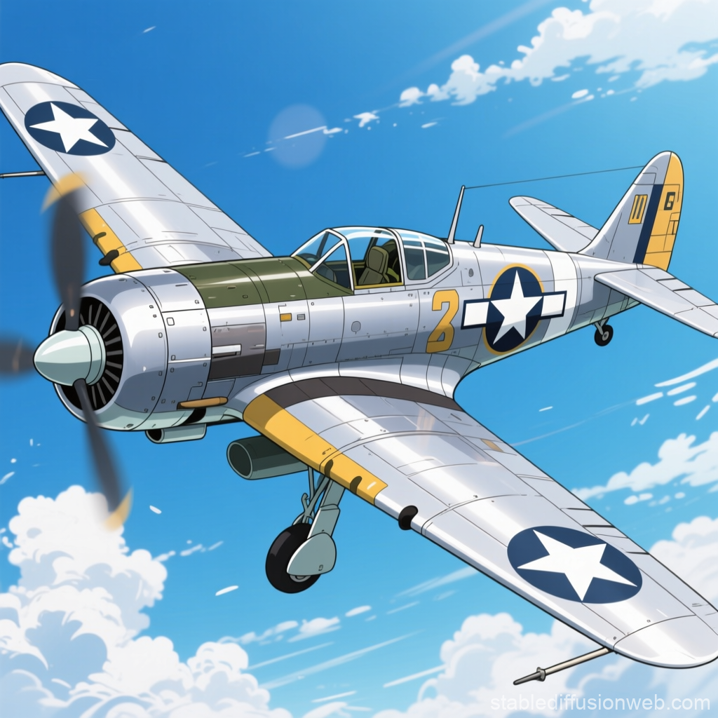 WWII Silver Fighter Plane in Flight with Blue Sky