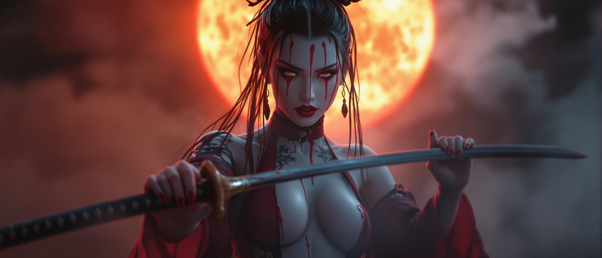 Yakuza Warrior Woman with Katana Under Blood Moon
