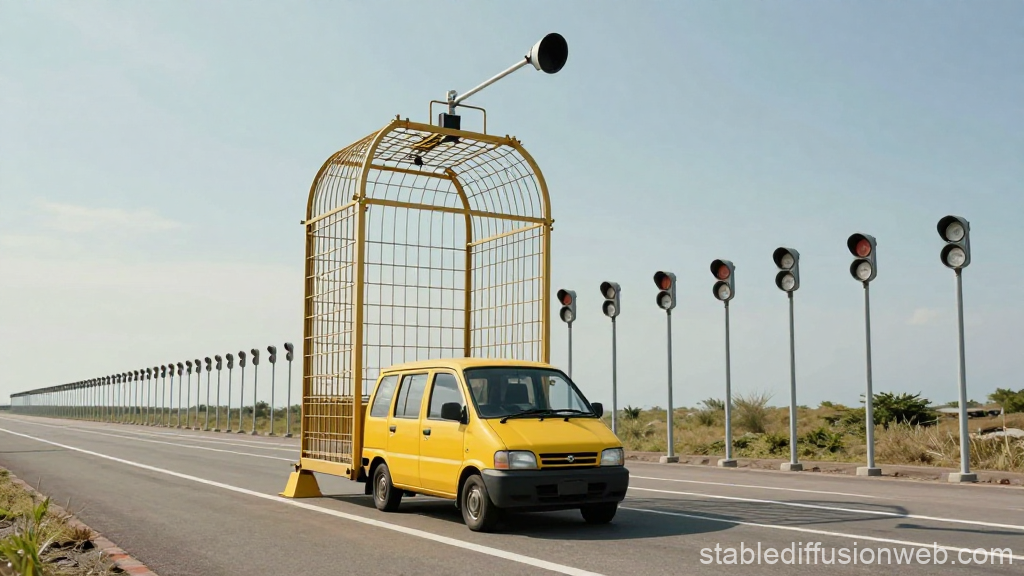 Yellow Car Driving Through Giant Birdcage on Road