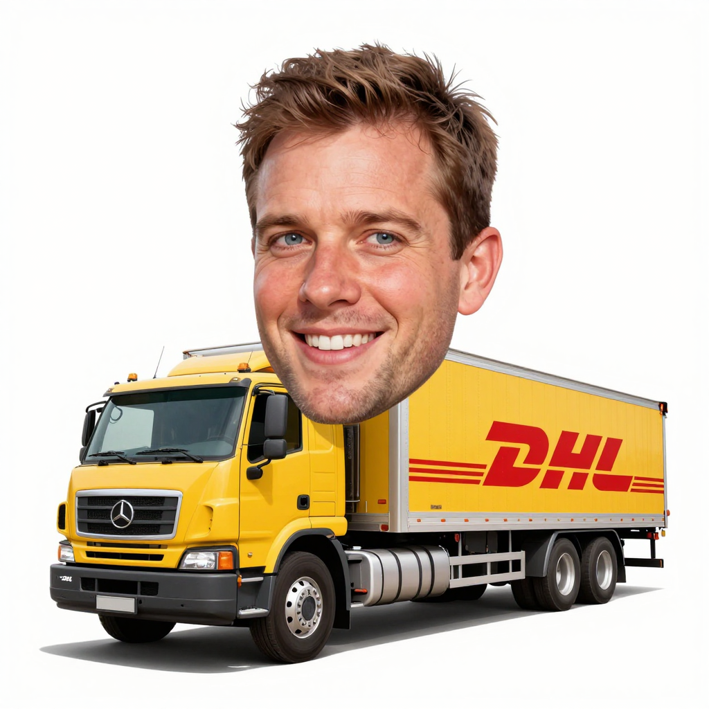 Yellow DHL Truck with Oversized Smiling Man's Head