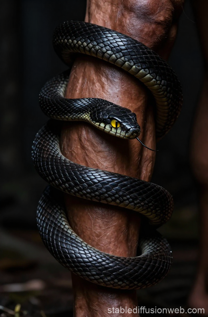 Yellow-Eyed Black Snake Coiled Around Arm