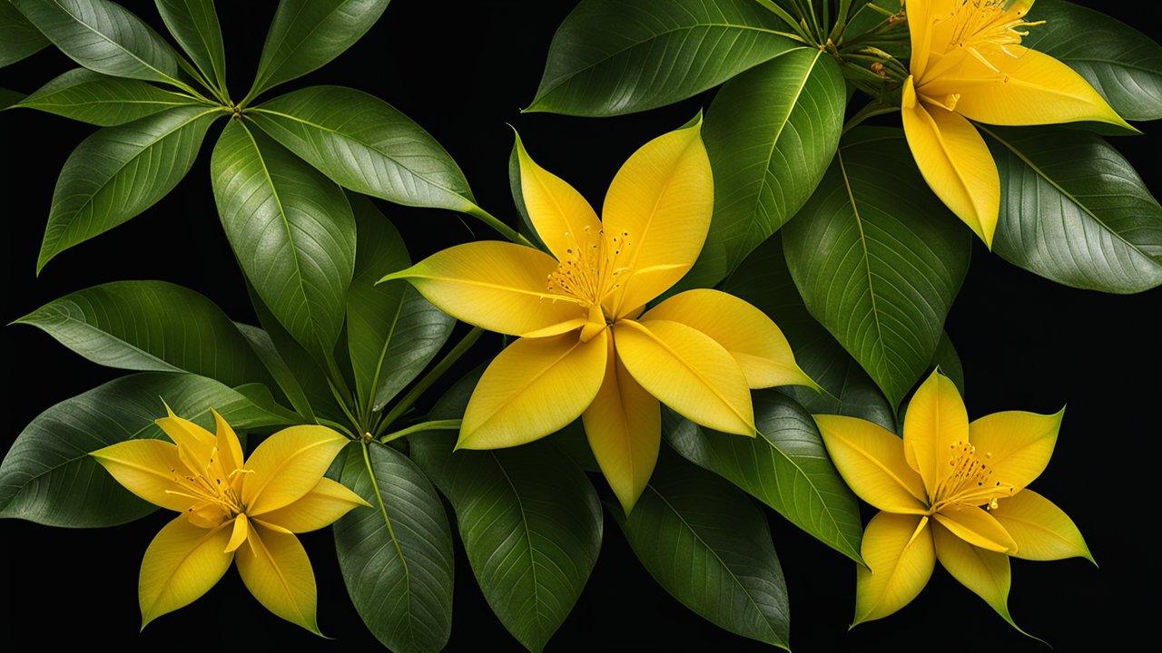Yellow Flowers with Lush Green Leaves on Black Background