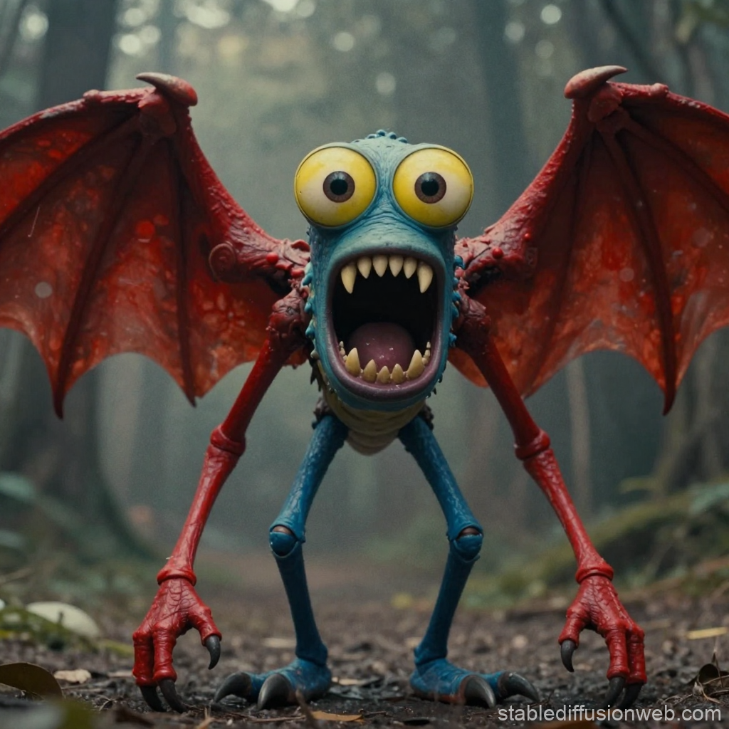 Yellow-Headed Scary Monster with Red Wings in Forest