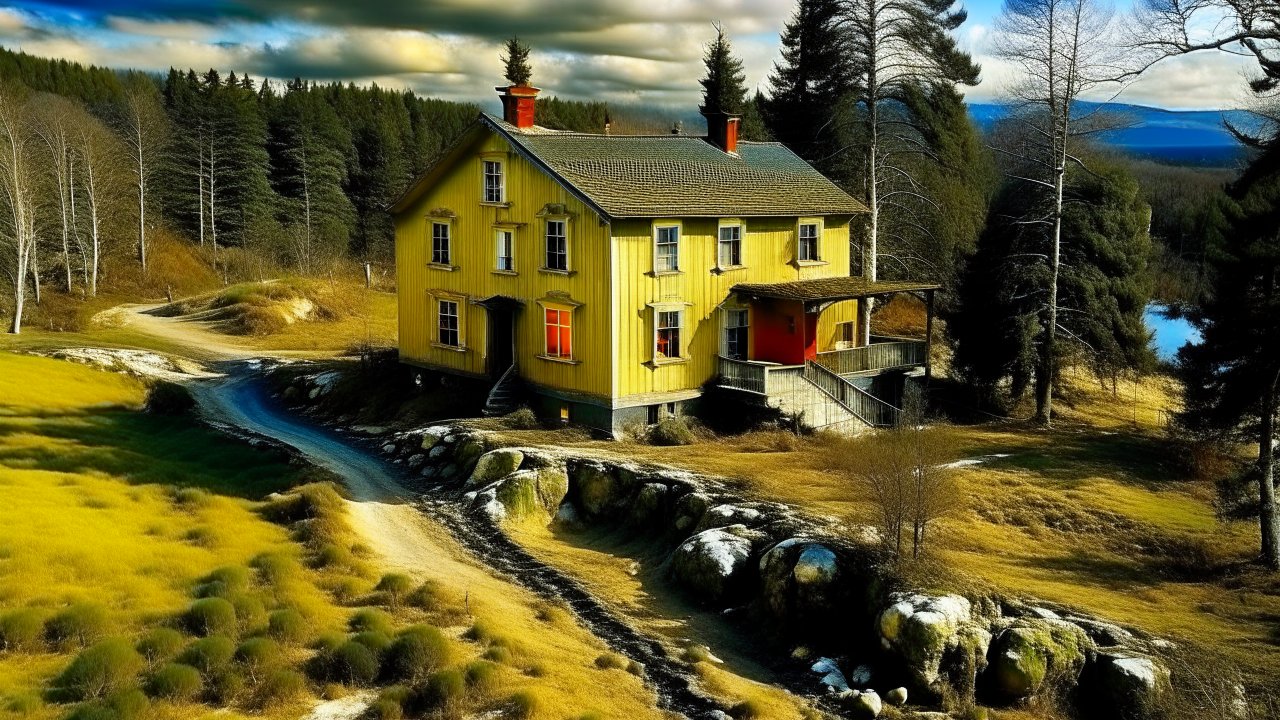 Yellow House in a Serene Forest Landscape