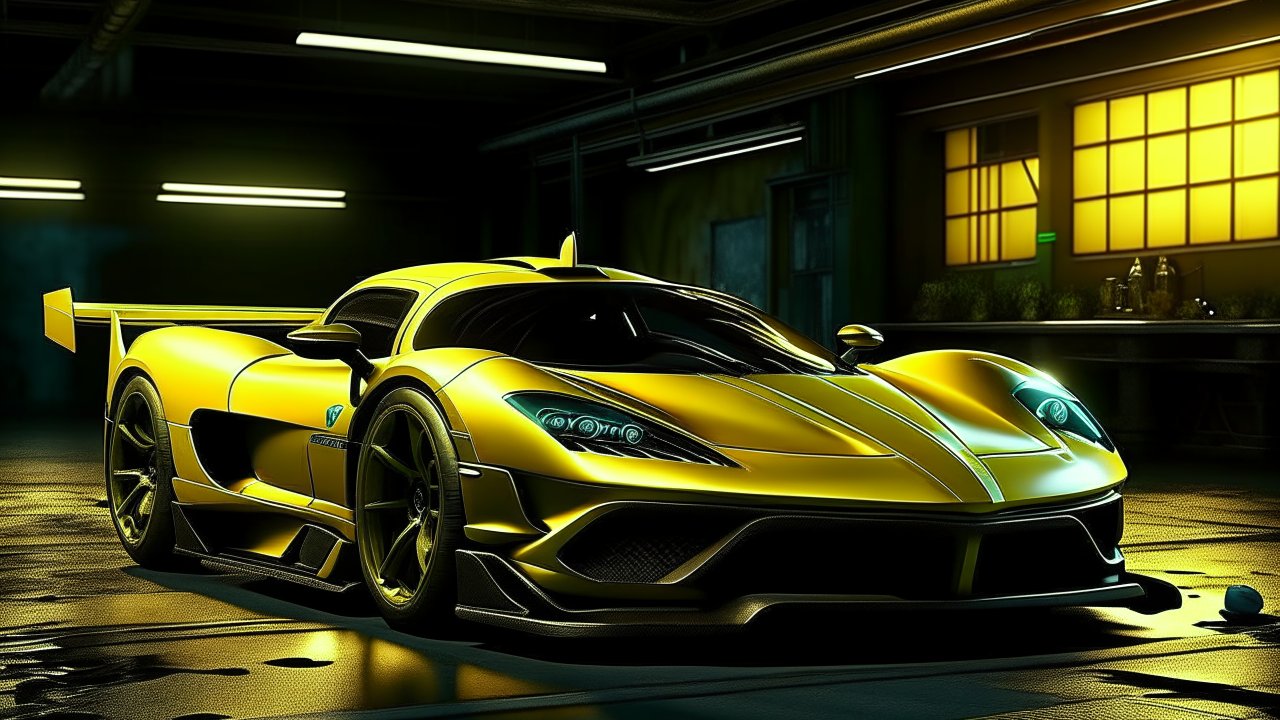 Yellow Koenigsegg Jesko in Dimly Lit Garage