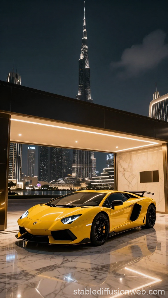 Yellow Lamborghini Aventador in Luxurious Dubai Setting at Night