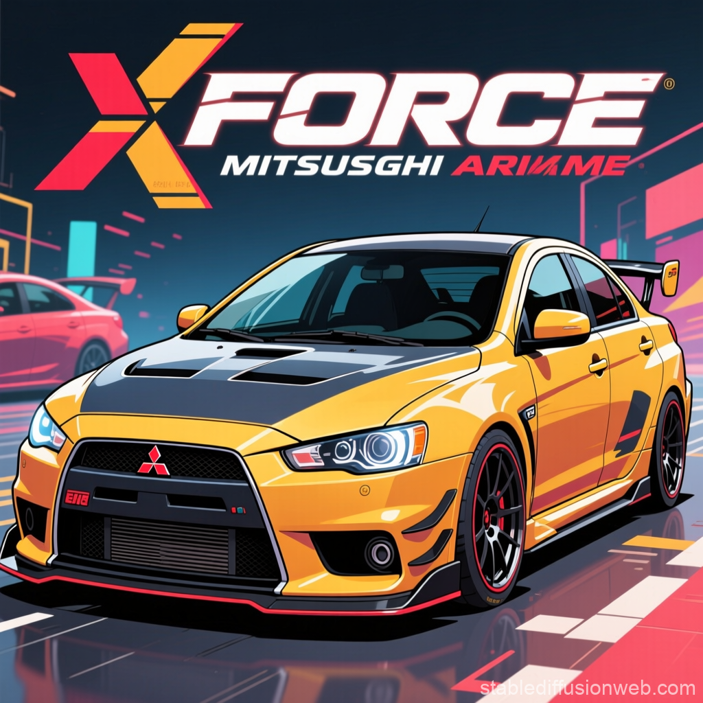 Yellow Mitsubishi Lancer Evolution in Futuristic Cityscape