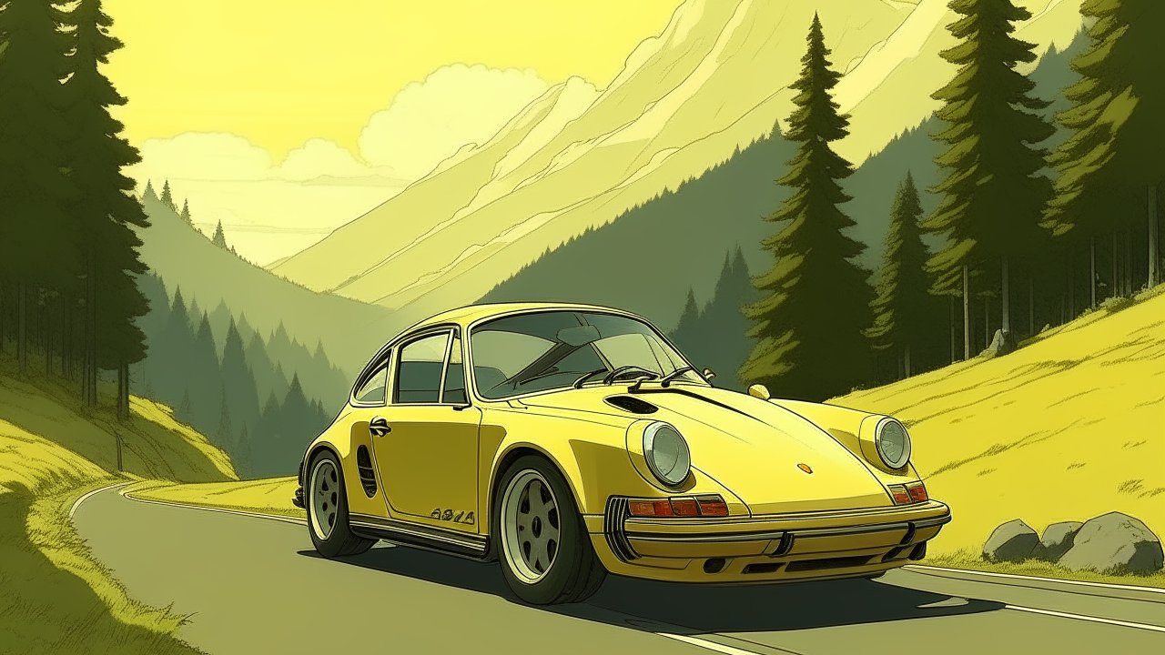 Yellow Porsche 911 Driving Through Mountain Road