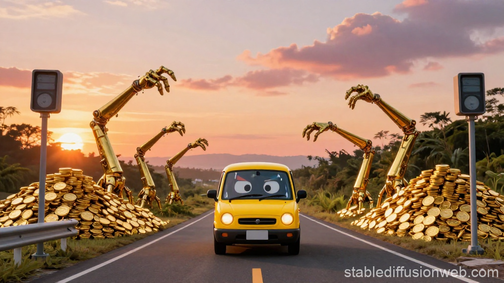 Yellow Taxi Facing Giant Robotic Hands Emerging from Gold Coins