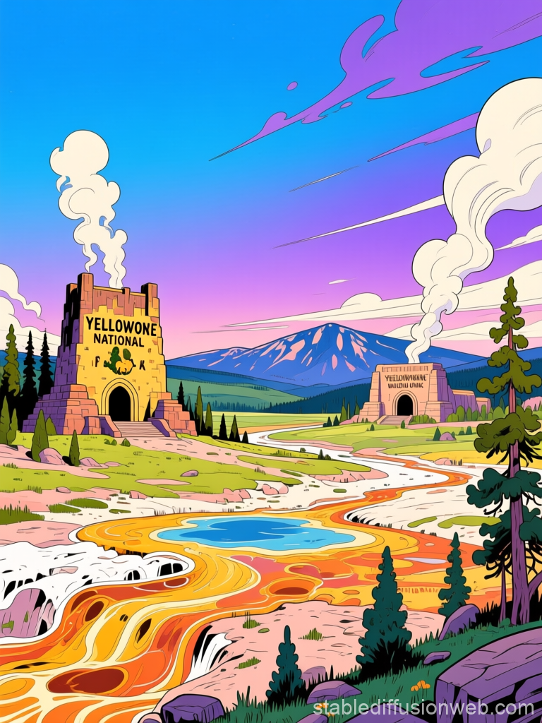 Yellowstone National Park Cartoon Landscape with Geysers