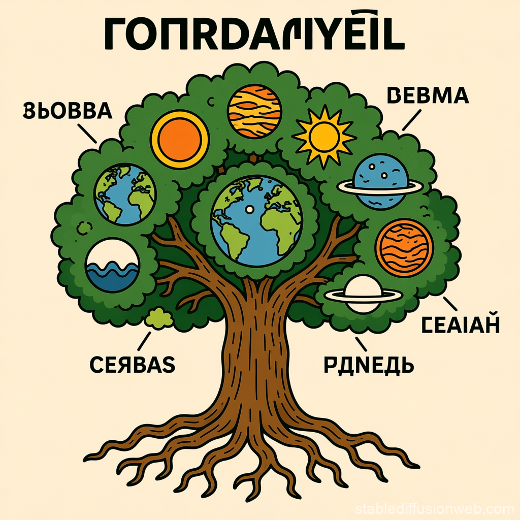Yggdrasil Tree with Planets and Celestial Bodies