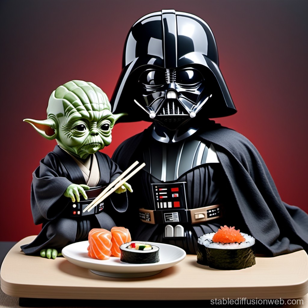 Yoda and Darth Vader Enjoying Sushi Together