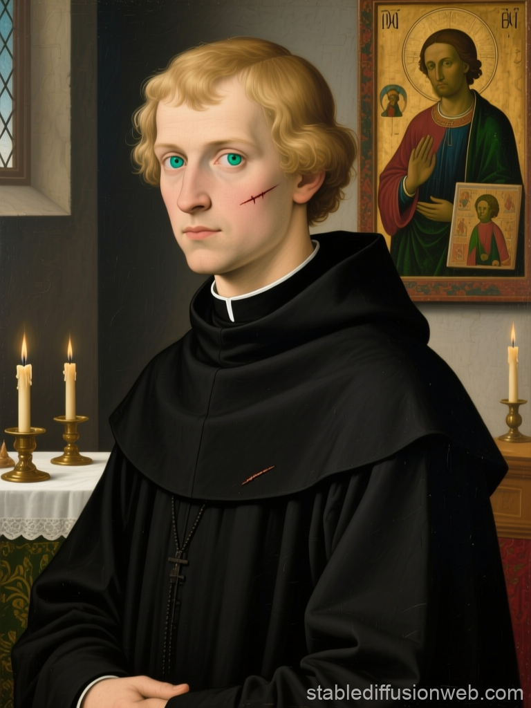 Young Abbot in Candlelit Room with Religious Icon