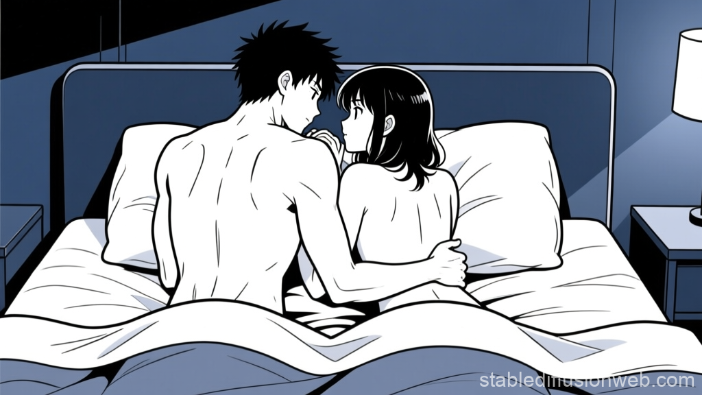 Young Adults Embracing in Bed Anime Scene