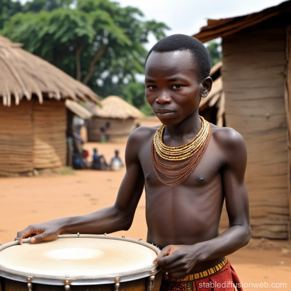 Young African boy playing traditional drum in village