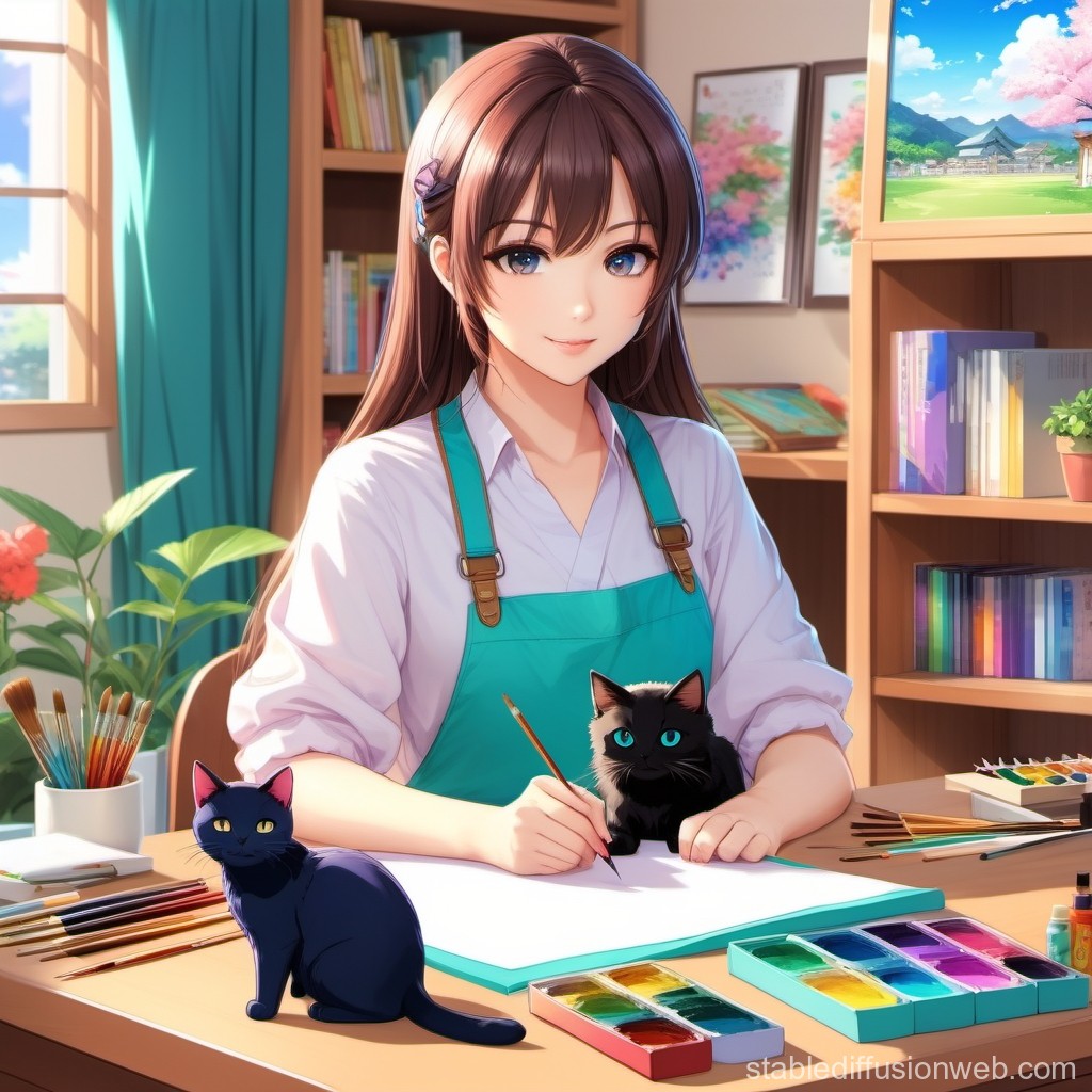 Young Artist Painting with Cats in Cozy Studio