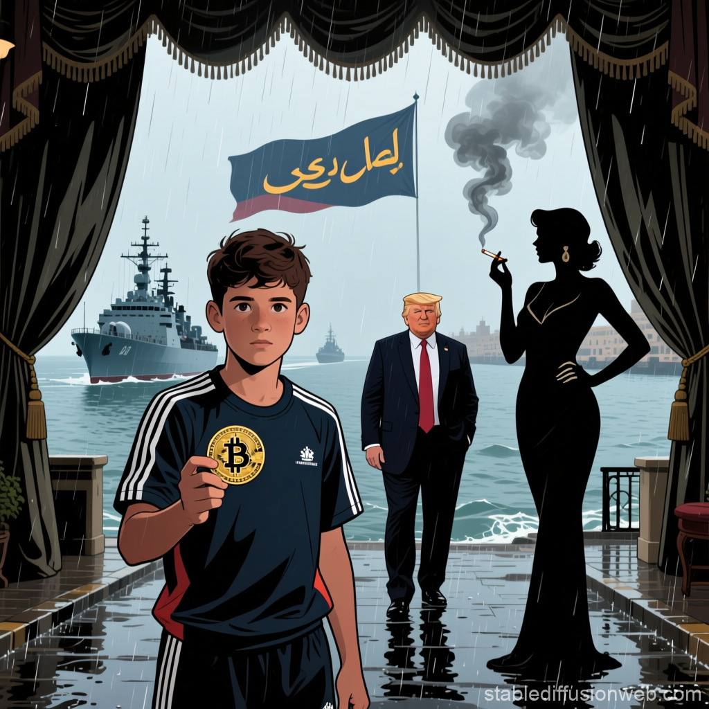 Young Athlete Holding Bitcoin with Dramatic Waterfront Scene