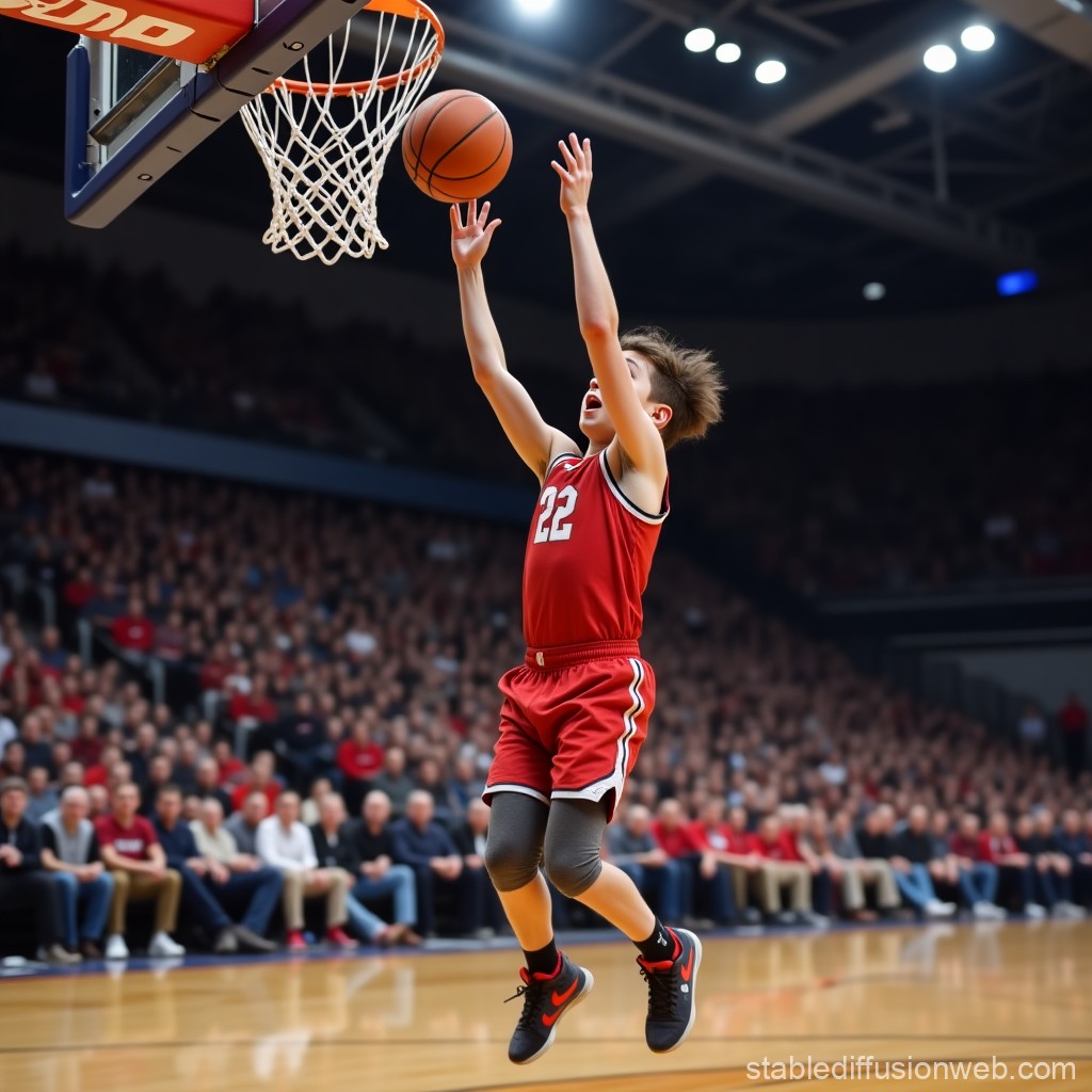 Young Basketball Player Scoring a Layup in a Packed Gym